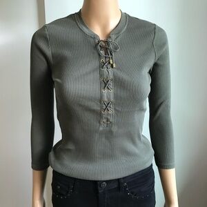 New WOT Ralph Lauren Women's Olive green Lace-Up Ribbed cotton Top